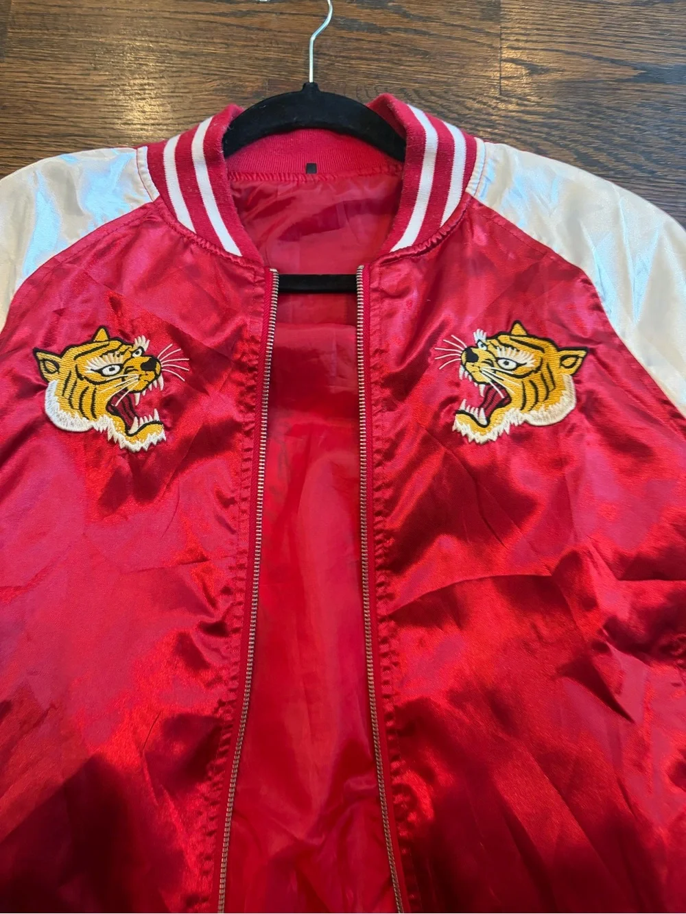 Red and White Satin Tiger Embroidered Bomber Jacket